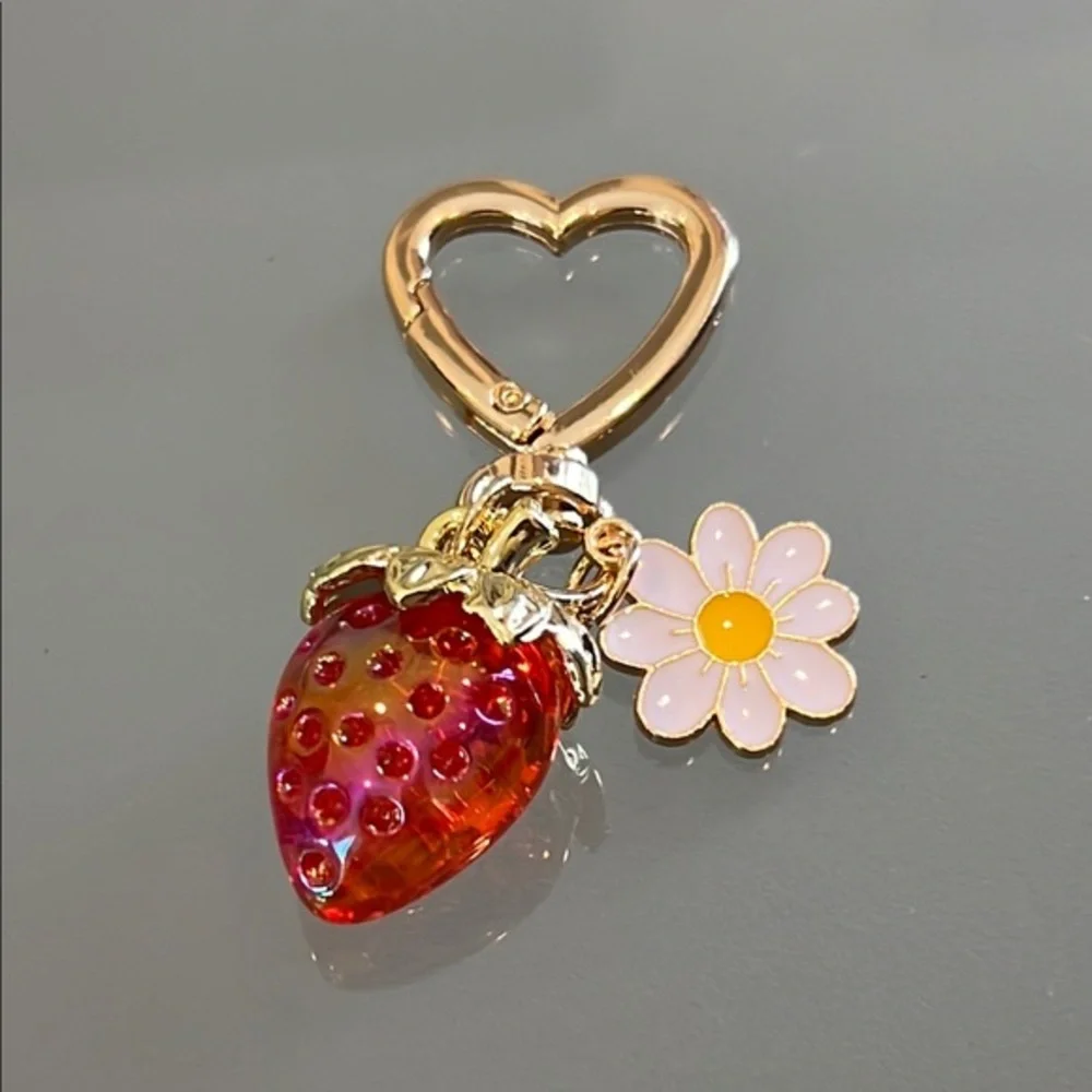 Strawberry Heart Keychain with Flower Charm